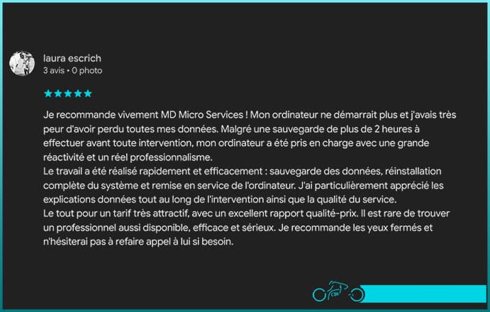 Avis client Laura Escrich - MD Micro Services sur Google