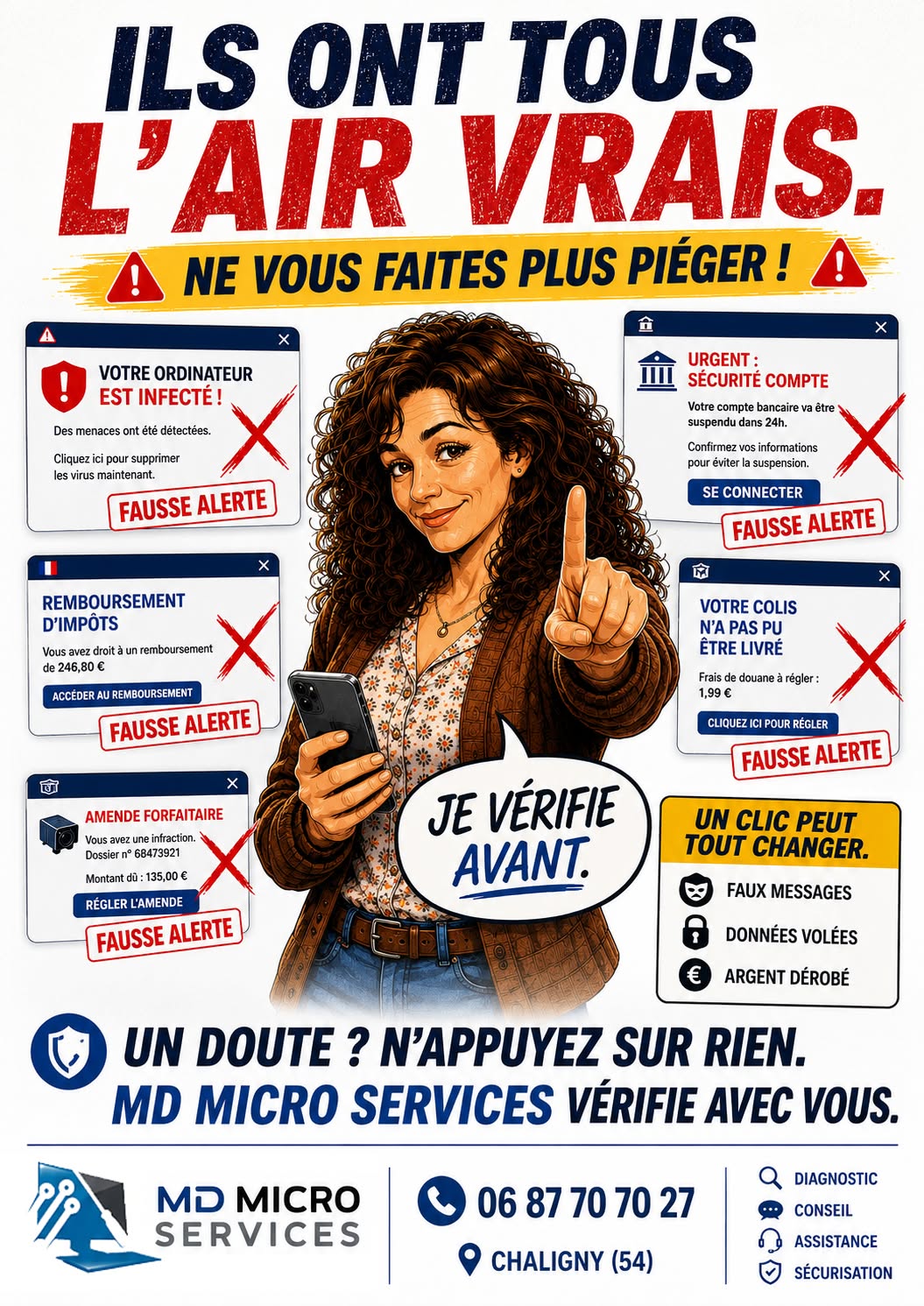 Ils ont tous l'air vrais Affiche BD : les arnaques ont toutes l'air vraies - fausses alertes virus, faux mails de banque, faux remboursement d'impôts, faux colis, fausse amende - vérifiez avant de cliquer