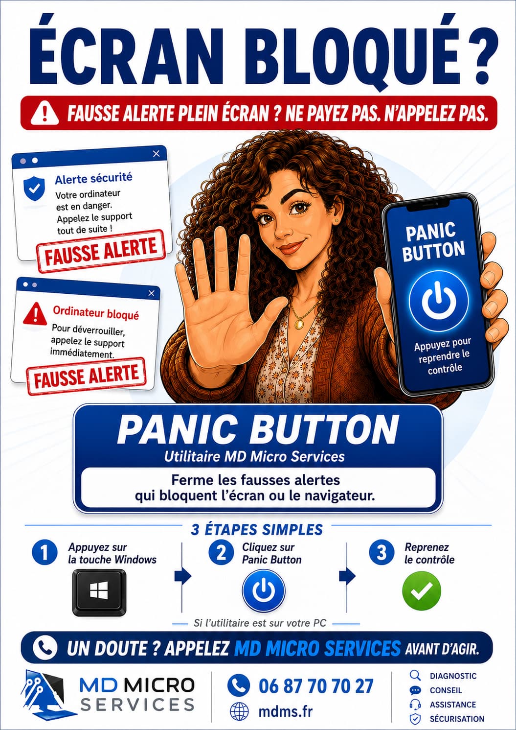 Écran bloqué ? Le Panic Button Affiche BD : écran bloqué par une fausse alerte - Panic Button, utilitaire MD Micro Services qui ferme les fausses alertes en un clic