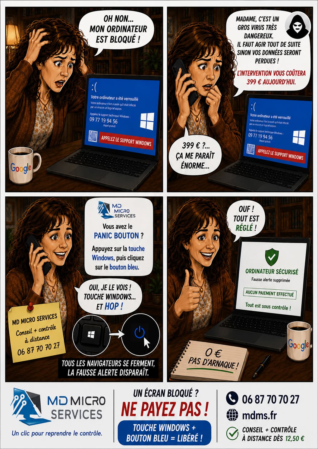 Le faux support à 399 € contre le Panic Button BD : ordinateur bloqué par un faux support à 399 euros - libéré par le Panic Button MD Micro Services, touche Windows puis bouton bleu