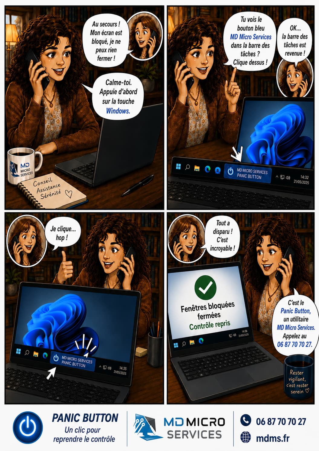 Le Panic Button, entre amies BD : écran bloqué chez une amie, débloqué par téléphone grâce au Panic Button dans la barre des tâches