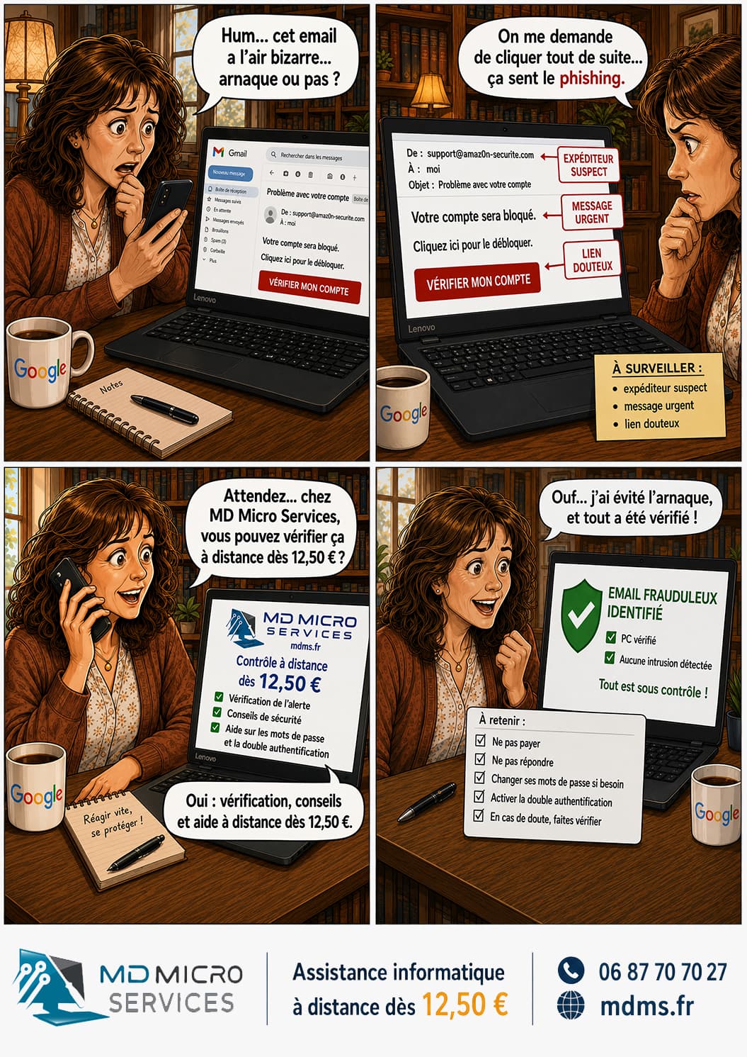 L'email bizarre : arnaque ou pas ? BD : reconnaître un email de phishing - expéditeur suspect, message urgent, lien douteux - vérification à distance par MD Micro Services
