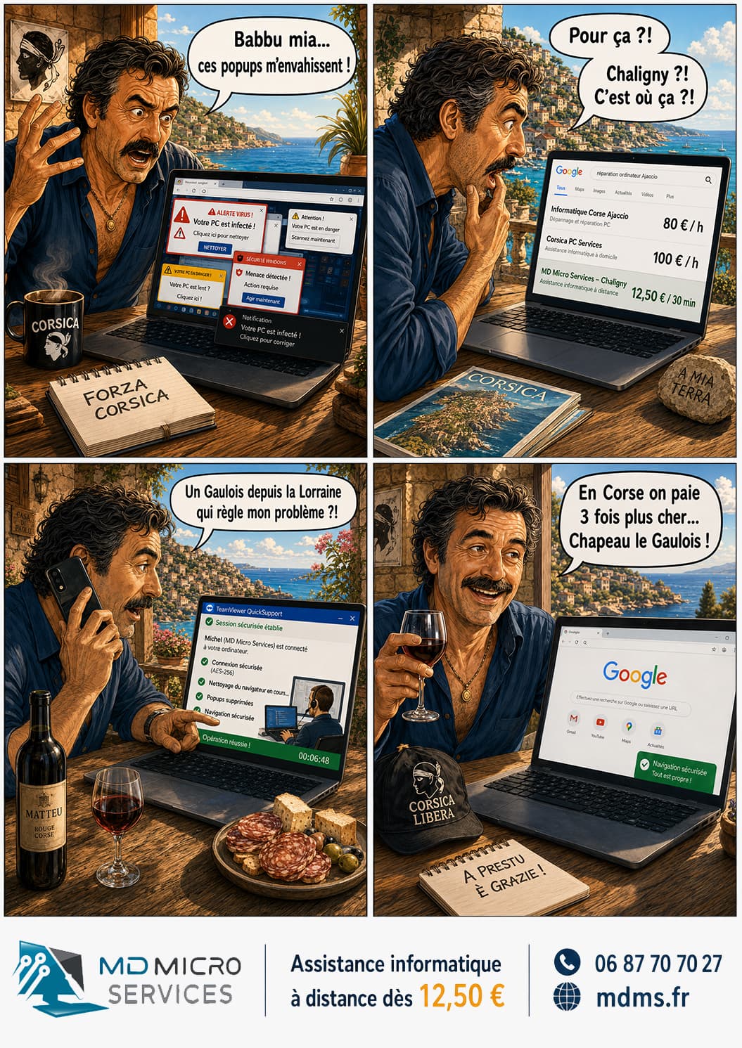 Le Corse et le Gaulois de Lorraine BD : en Corse, popups envahissants supprimés à distance par MD Micro Services depuis la Lorraine - trois fois moins cher
