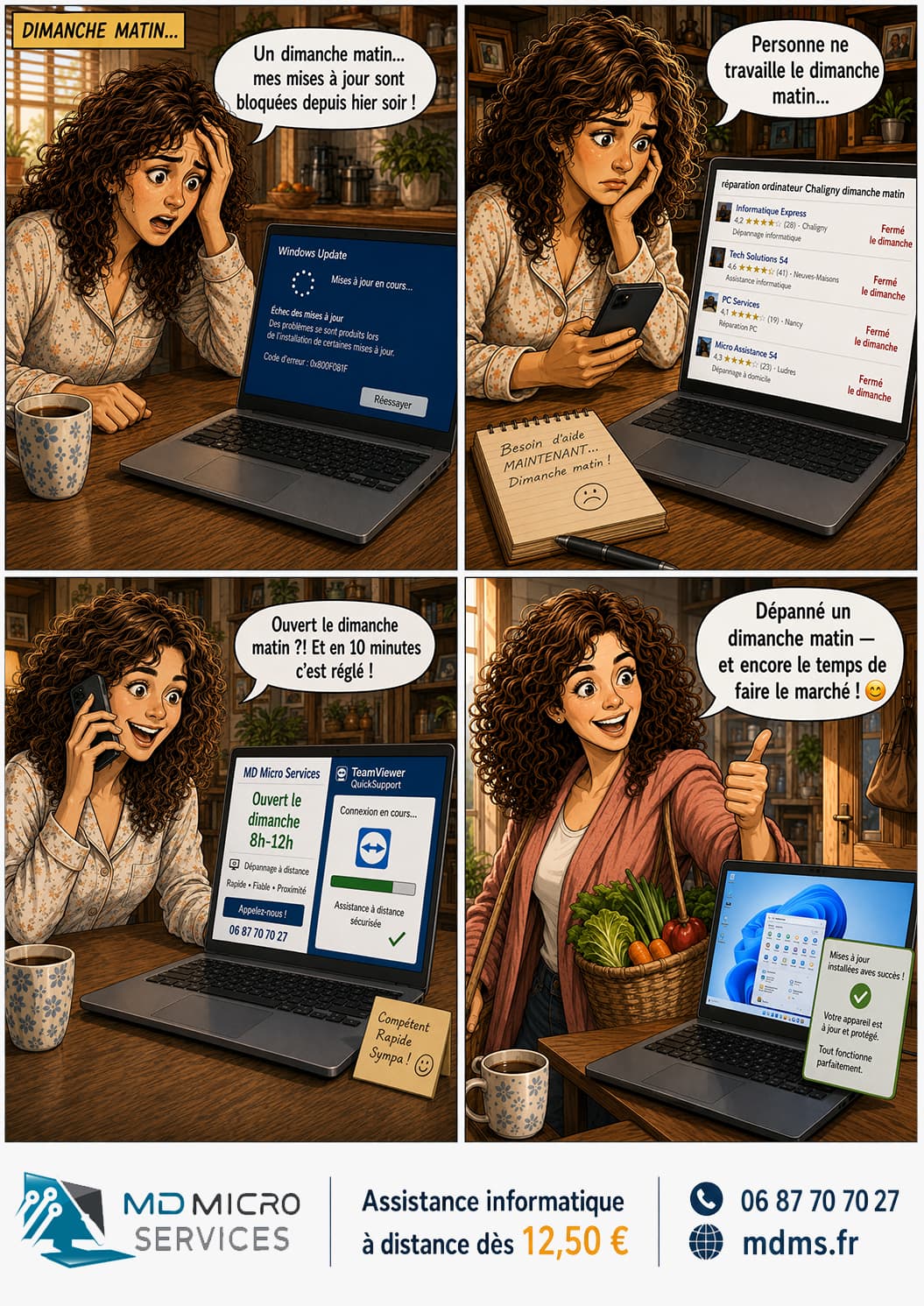 Dépannée un dimanche matin BD : mises à jour Windows bloquées un dimanche matin, dépannage à distance ouvert le dimanche de 8h à 12h