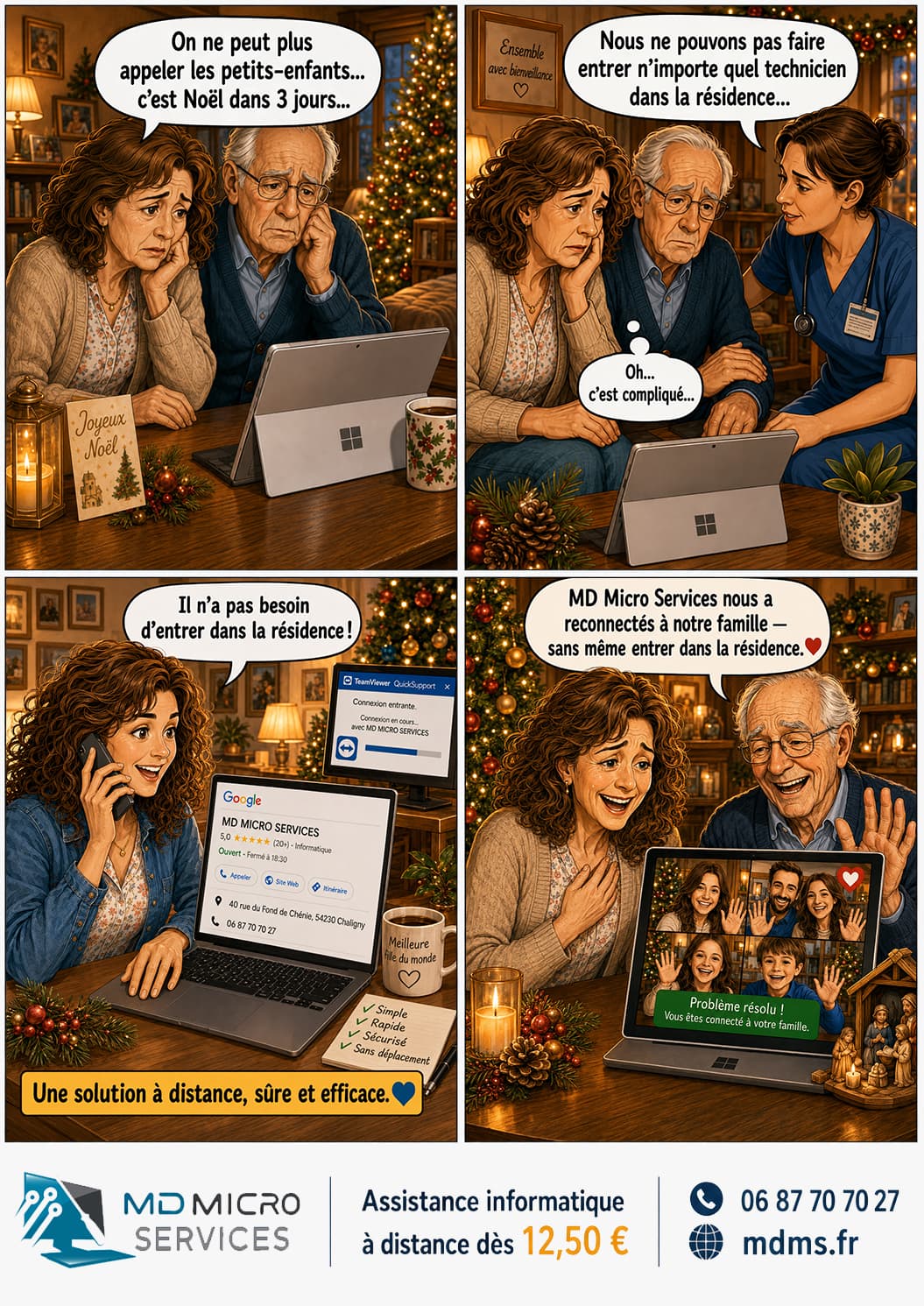 Noël en résidence seniors BD : en résidence seniors à Noël, reconnectés à la famille par dépannage à distance, sans faire entrer de technicien