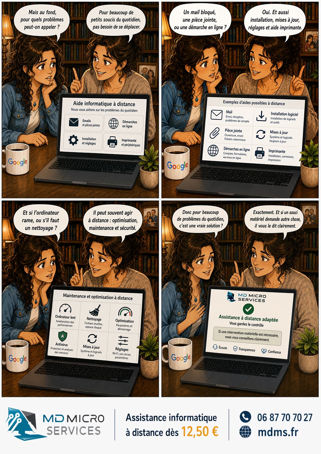 Pour quels problèmes appeler ? BD : pour quels problèmes appeler l'assistance à distance - mails, pièces jointes, démarches en ligne, imprimante, mises à jour, nettoyage