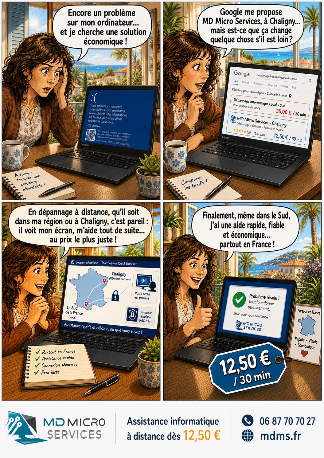 Est-ce que ça change quelque chose s'il est loin ? BD : dépannée à distance depuis le Sud de la France par MD Micro Services à Chaligny - la distance ne change rien, prix le plus juste