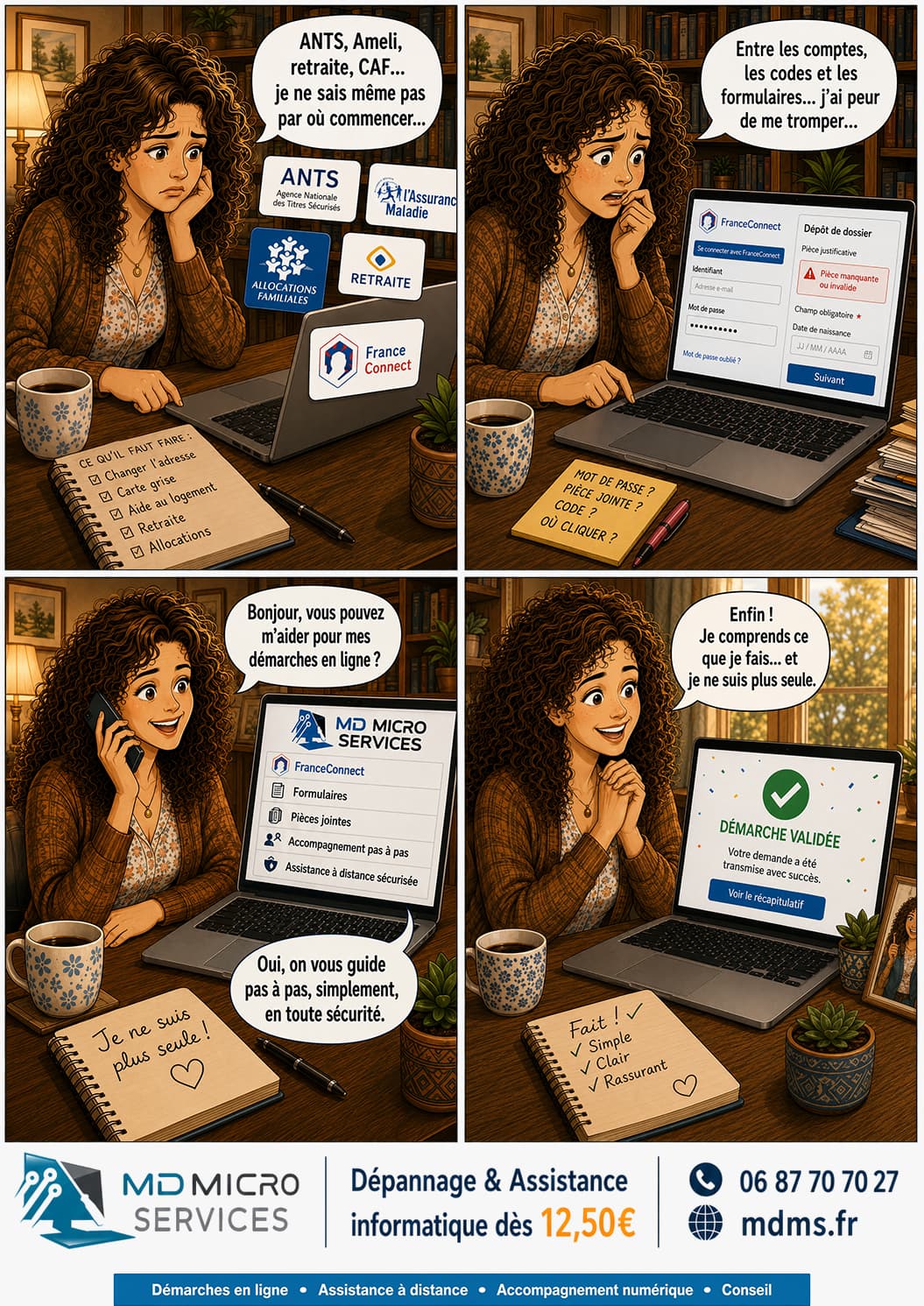 Les démarches en ligne, guidées BD : aide aux démarches en ligne - ANTS, Ameli, CAF, retraite, FranceConnect - accompagnement pas à pas à distance