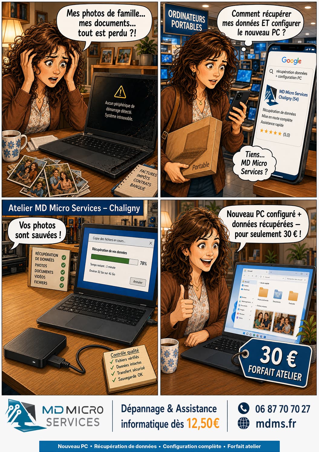 Nouveau PC + données : forfait 30 € BD : nouveau PC configuré et données de l'ancien récupérées pour 30 euros en forfait atelier