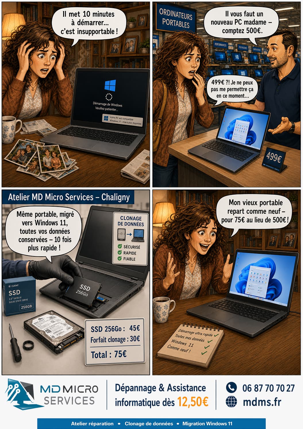 75 € au lieu de 500 € : le SSD BD : PC lent migré vers SSD en atelier - 75 euros au lieu de 500 euros pour un ordinateur neuf, données conservées