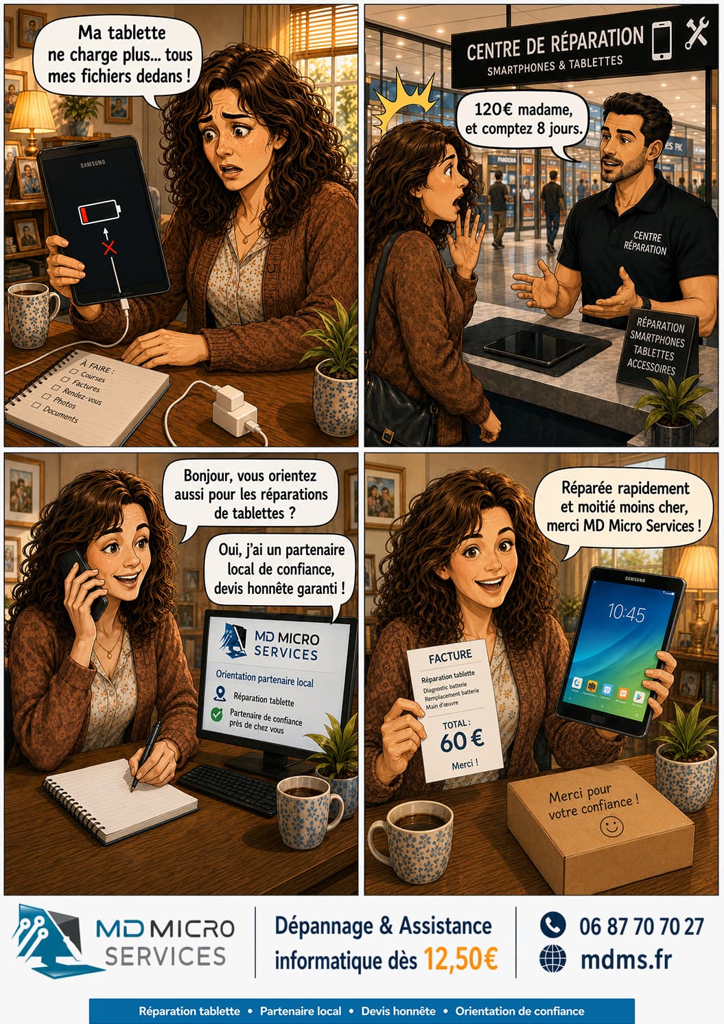 La tablette réparée moitié moins cher BD : tablette qui ne charge plus - orientée vers un partenaire local de confiance, réparée moitié moins cher
