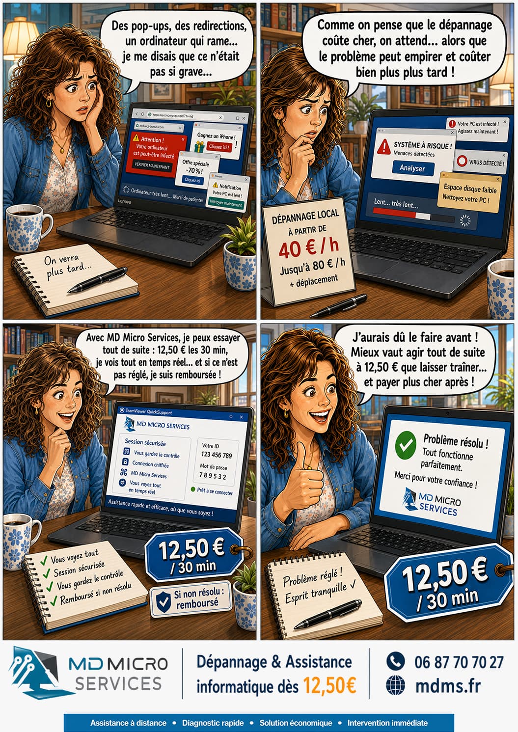 Attendre coûte plus cher BD : attendre avec un PC qui rame coûte plus cher - dépannage à distance 12,50 euros les 30 minutes, remboursé si non résolu