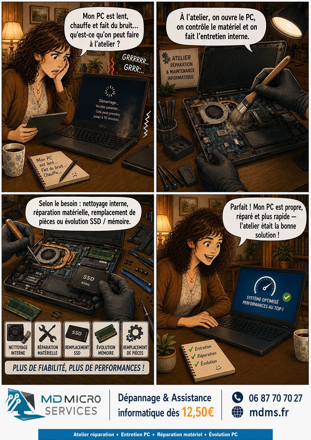 Que fait-on à l'atelier ? BD : à l'atelier, ouverture du PC, dépoussiérage interne, réparation matérielle, évolution SSD et mémoire
