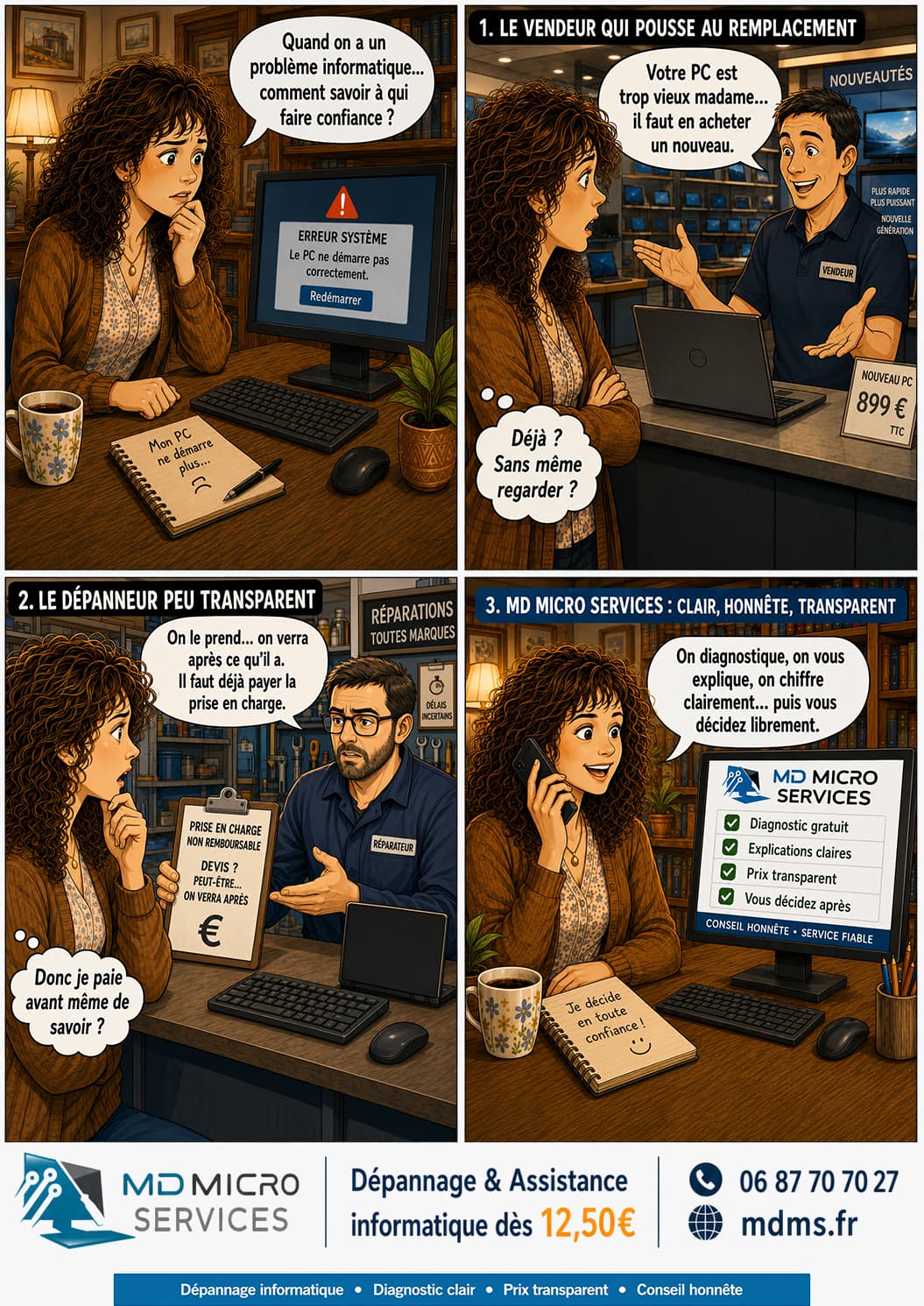 À qui faire confiance ? BD : à qui faire confiance - le vendeur qui pousse au remplacement, le dépanneur peu transparent, ou le diagnostic gratuit et chiffré de MD Micro Services