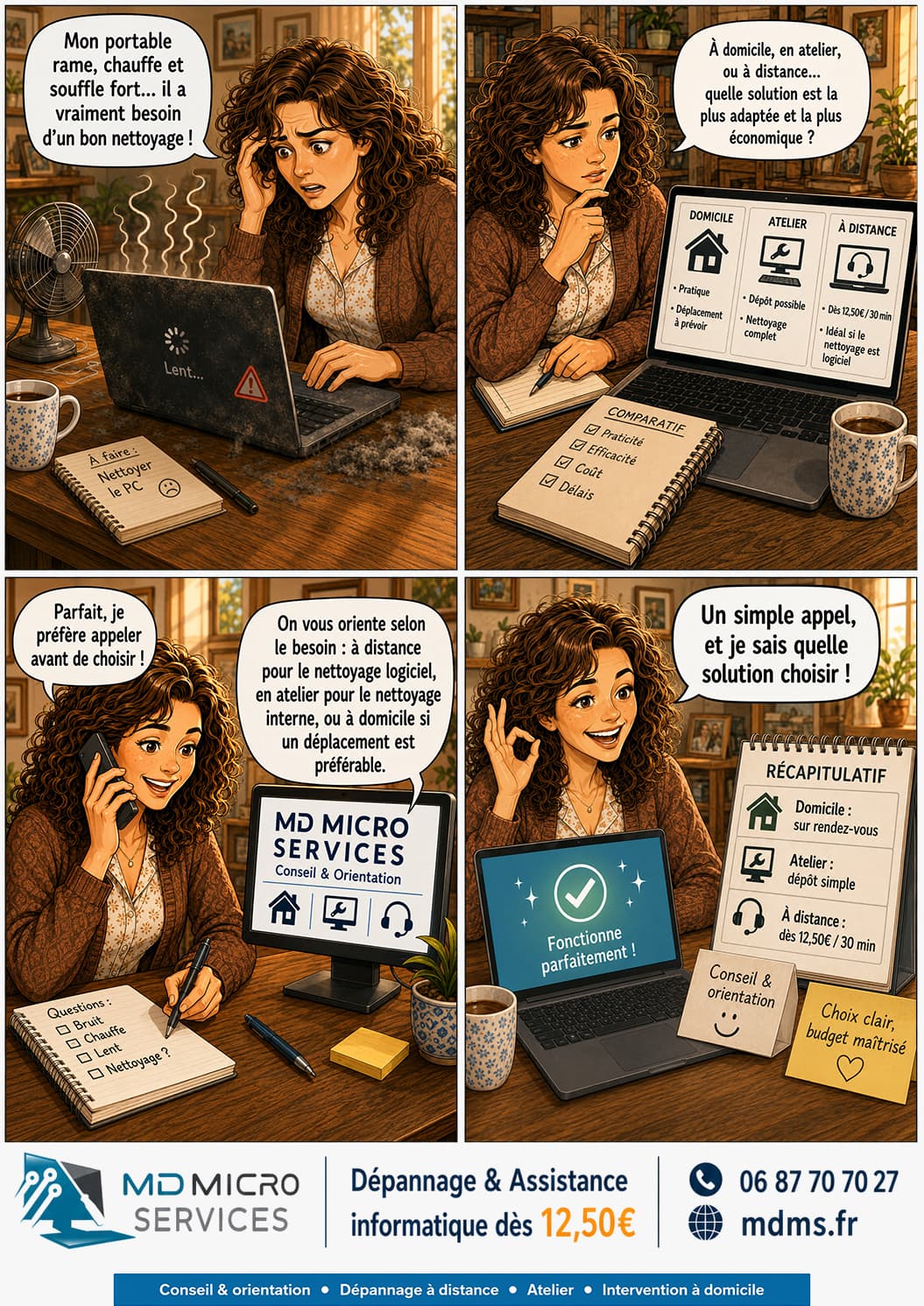Domicile, atelier ou à distance ? BD : domicile, atelier ou à distance - un simple appel pour être orienté vers la solution la plus adaptée et économique