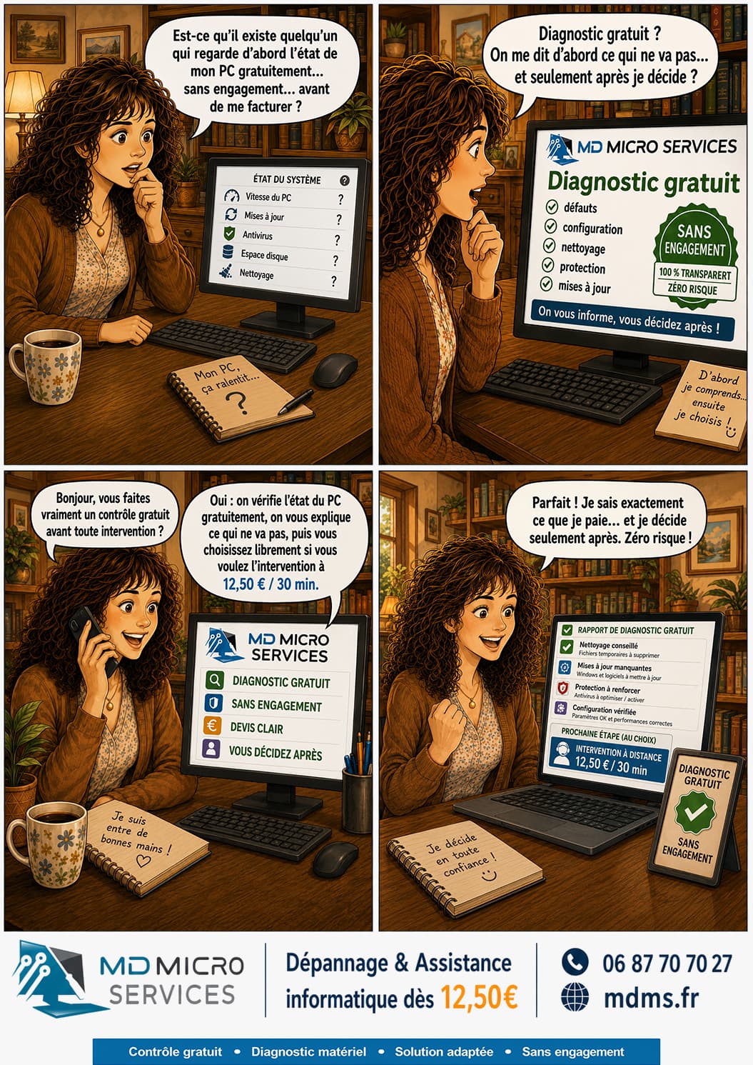 Le diagnostic gratuit, avant tout BD : diagnostic gratuit et sans engagement - on vérifie l'état du PC, on explique, puis le client décide, intervention dès 12,50 euros